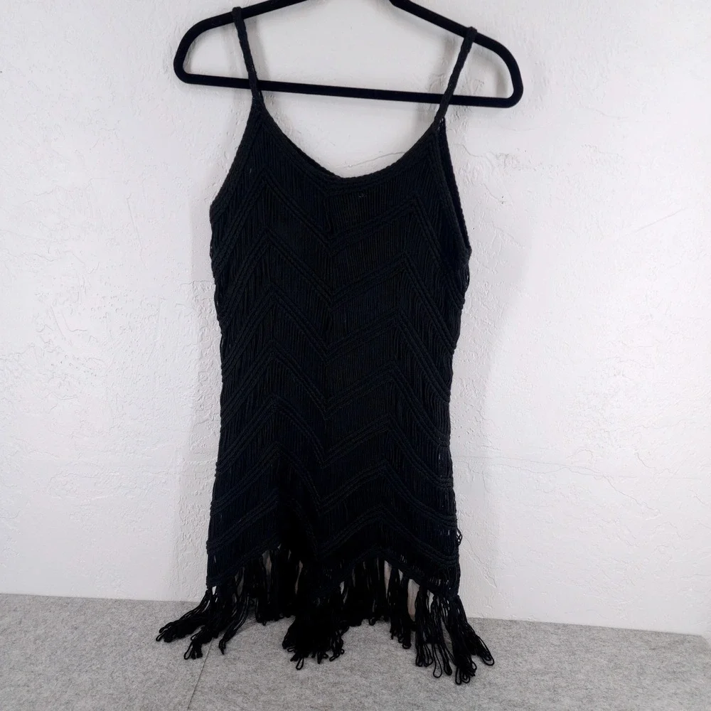 1st Class L/XL | Black Chevron Crochet Fringe Boho Festival Tank Top Women